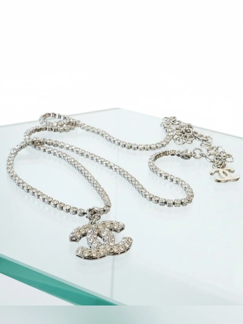 CHANEL Silver Crystal CC Pendant Tennis Chain Necklace